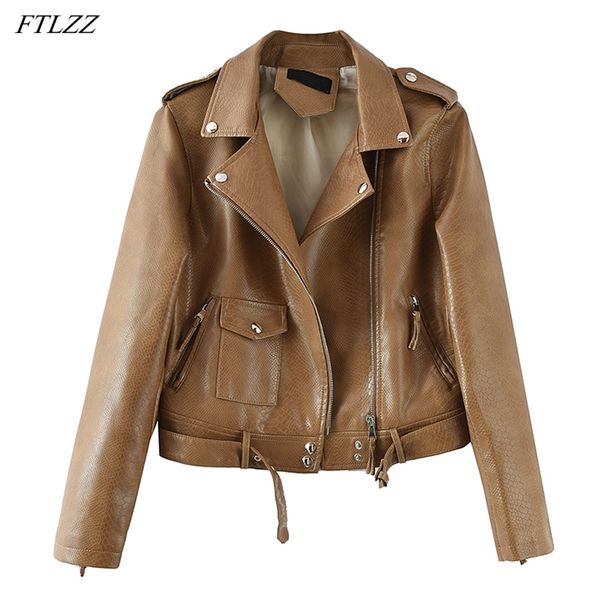 

autumn spring solid color faux leather short jacket women zipper motorcycle coat vintage pu outwear with belt 210430, Black