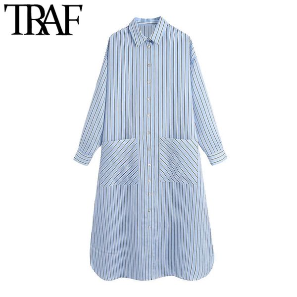 

women chic fashion with belt oversized striped midi dress vintage long sleeve pockets female dresses vestidos 210507, Black;gray