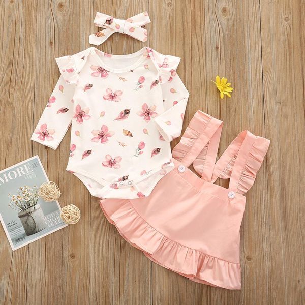 

spring sweet girls cotton clothes set fashion baby printed romper + sling skirt headscarf three-piece born 210515, White