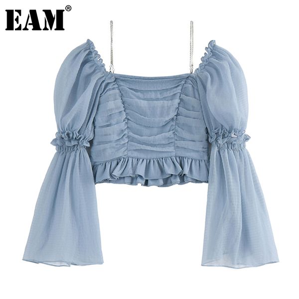

[eam] women blue pleated chain blouse slash neck long flare sleeve loose fit shirt fashion spring summer 1dd7896 21512, White