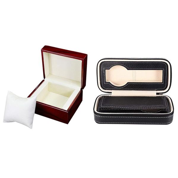 

watch boxes & cases 2 grids pu leather travel storage case zipper wristwatch box single wooden wine red, Black;blue