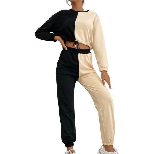 

women's two piece pants women casual 2 outfits, long sleeve color block crop + jogger set, White