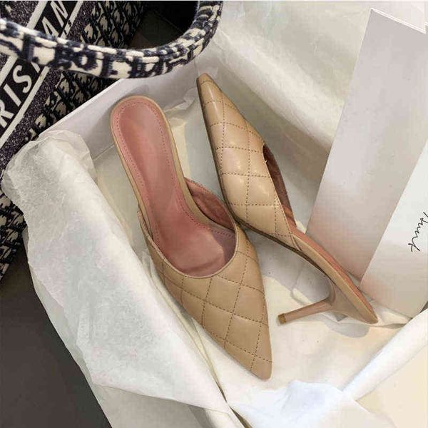 

net red same slippers women wear 2022 new high-heeled muller shoes, fashionable pointed thin heels and semi slippers, Black