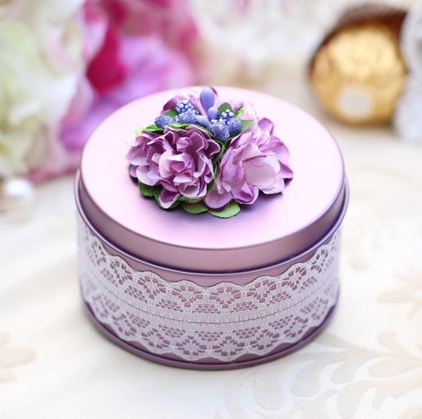 

gift wrap 100pcs round shape boxes tinplate wedding candy box with beautiful flower small party favor sn1599