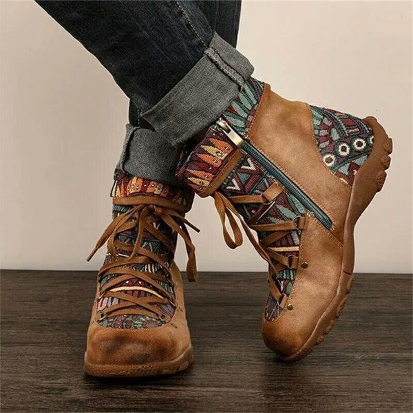 

boots retro ankle for women autumn and winter warm bohemian style zip short fashion ethnic print casual shoes 2021, Black