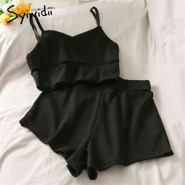 

two piece shorts sets women crop tracksuits stretch outfits sweatshirt jogger summer fashion black gray 210607, White