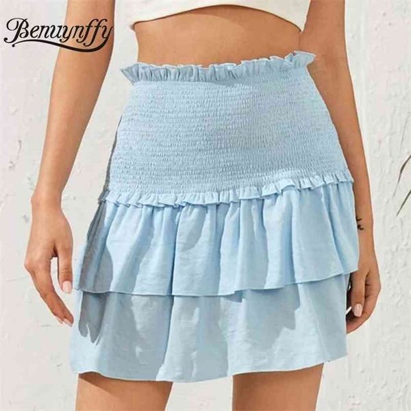 Frill sólido guarnição em camadas mini saias das mulheres verão casual streetwear Ol elástico fêmea cintura alta plissada uma saia de linha 210510