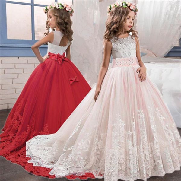 

elegant for girls wedding red girl dresses year clothes kids flower backless trailing 6 14 years children, Red;yellow