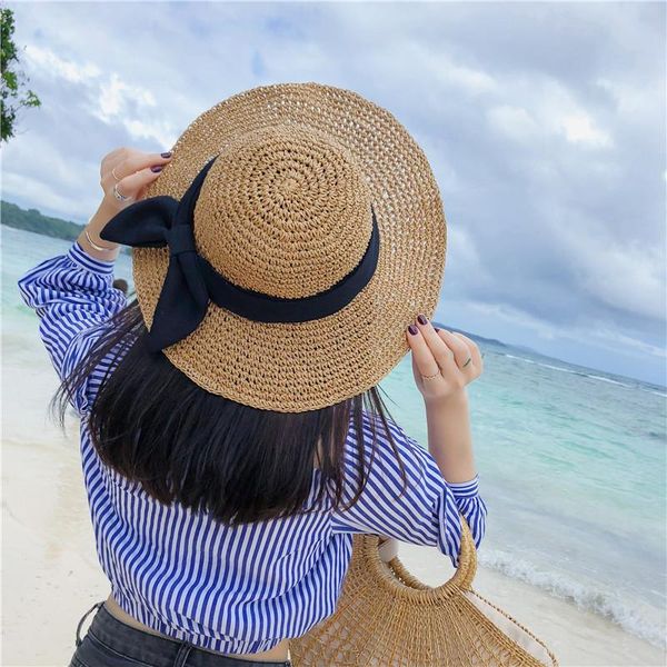 

mori girl style paper straw hat women summer sun big bow foldable beach sunscreen handmade bucket wide brim hats, Blue;gray