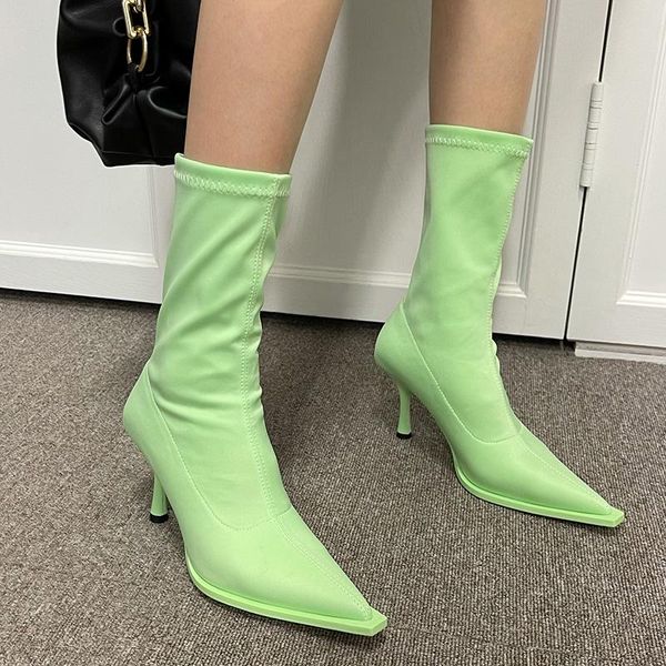 

boots 2021 winter luxury women stretch ankle green purple elastic sock designer high heel pointed toe prom shoes, Black