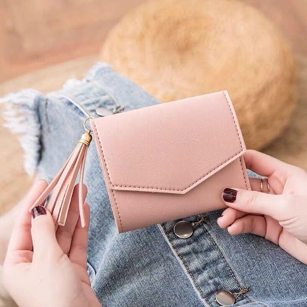 

wallets women's tassel pendant short wallet 3 fold big capacity coin pocket simple small fashion ladies multi-card bit leather walle, Red;black