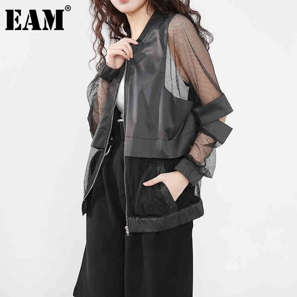 

[eam] spring autumn stand collar long sleeve black thin hollow big size perspective jacket women coat fashion jf73401 21512, Black;brown