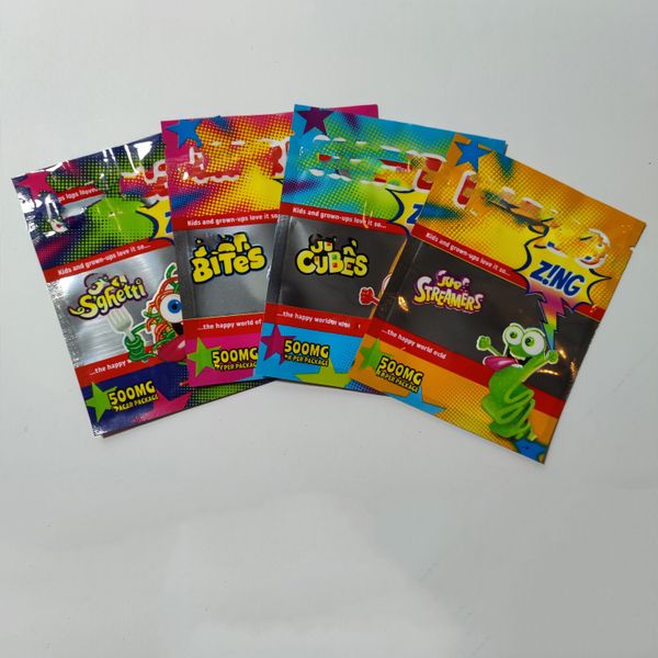 

zing edibles packaging bags 500mg infused candy gummies sour bites cubes edible mylar bag 4 types sghetti streamers zipper resealable smell