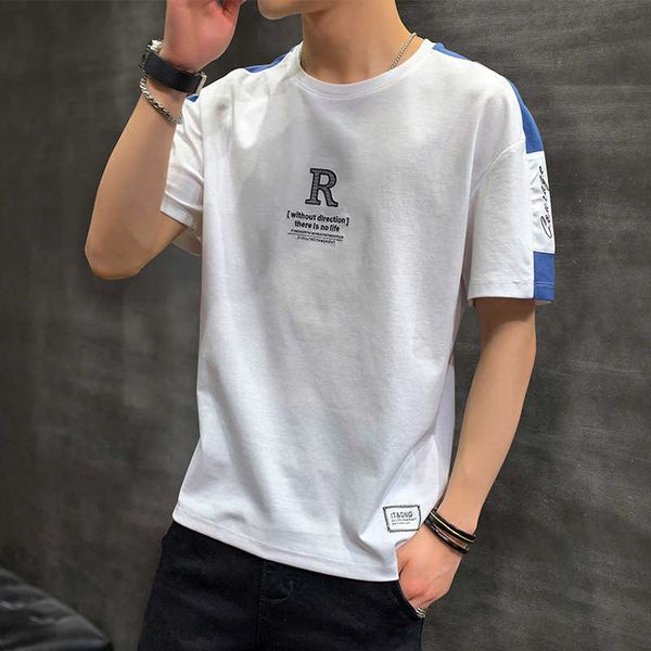 

round t-shirt men's neck 2021 summer r embroidery short sleeve t-shirt korean cotton base shirt, White;black