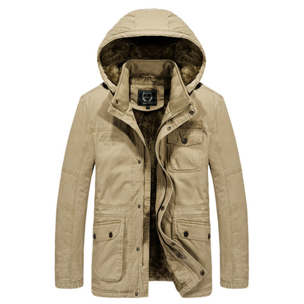 

men winter plush plush thick warm padded jacket mid-length multi-pocket tooling jacket, Black;brown