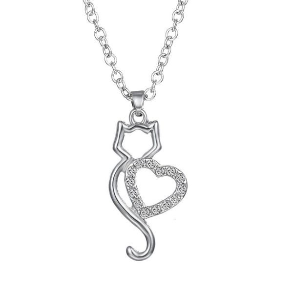 

pendant necklaces fashion silver color crystal cat necklace for women wedding chain jewelry gift heart animal pet