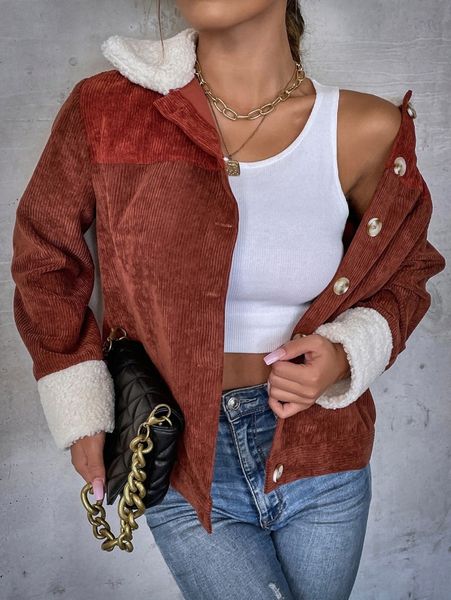 

color block borg collar corduroy jacket r1gh#, Black;brown