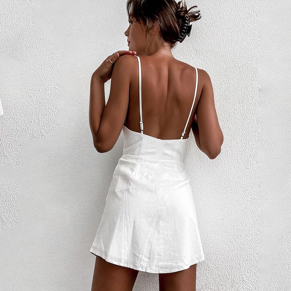 

Sexy Backless Spaghetti Strap Dress 2021 Summer Clothes for Women White Split A Line Mini Dresses N69-CE15, Black;gray