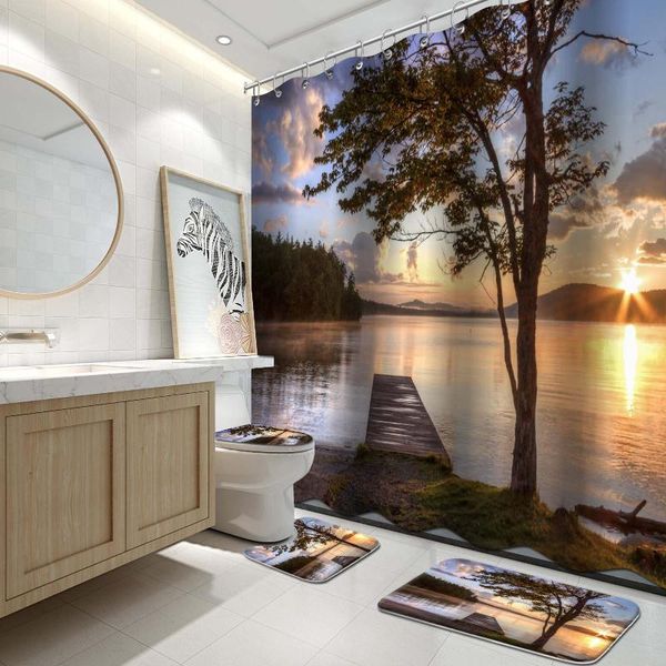 

shower curtains 4 pcs shore of seventh lake tree sunbeam at sunset water reflection tranquility, cloth fabric bathroom decor set with hooks