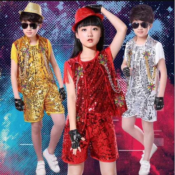 

boys girls stage clothing set ( +vest+ pant ) children wedding prom suits jazz dance costumes kids ballroom clothes outfits wear, Black;red