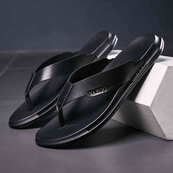 

slippers men's flip flops fashion beach slipper genuine leather casual summer shoes flip-flops outdoor flats breathable pantuflas 5fes, Black