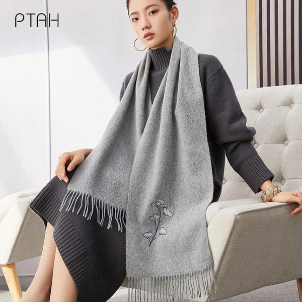 

scarves [ptah] 100% sheep's wool women cashmere shawl wrap winter warmer comfort temperament embroidery ladies 180*30cm, Blue;gray