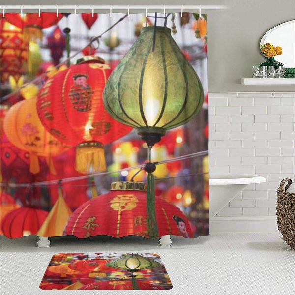 

fabric shower curtain and mats set,colorful air lantern festival asia,waterproof bath curtains with 12 hooks,non slip rugs