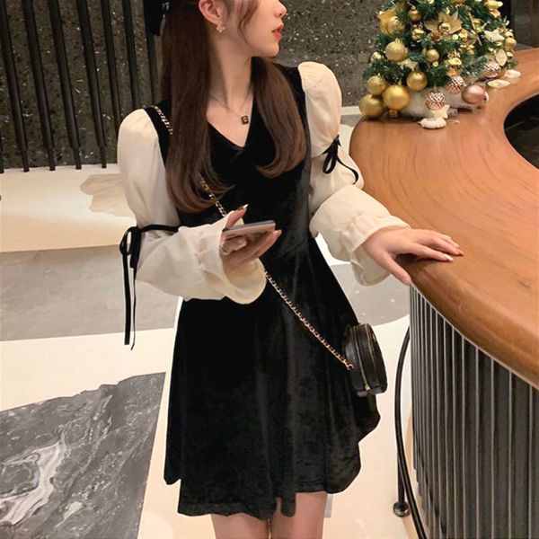 

french vintage mini dress women 2021 spring lace bow velvet evening party dress female y2k casual kawaii one piece dress korean 210319, Black;gray