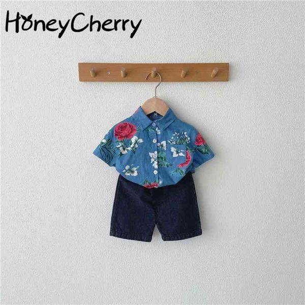

summer baby retro shirt denim shorts two sets girl clothes set 210515, White