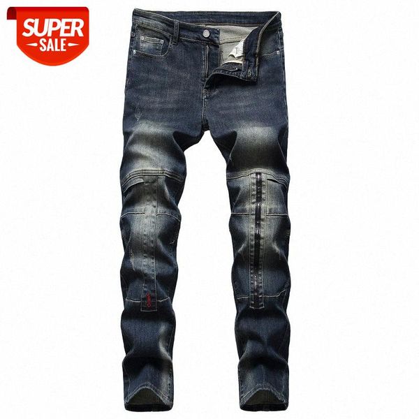 

european and american stretch jeans men's nostalgic personality stitching trendy pants #ok98, Blue