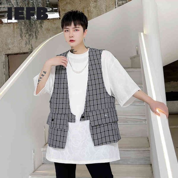 

iefb covered button plaid vest for men streetwear fashion design spring summer men's sleeveless waistcoat 9y6900 210524, Black;white