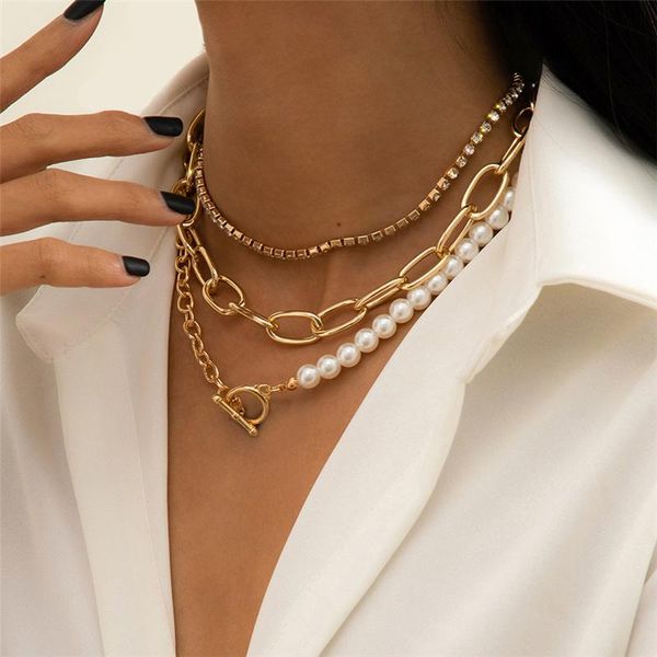 

3pcs/set adjustable rhinestone crystal imitation pearl chain choker necklace for women multi layered beaded necklaces jewelry chains, Silver