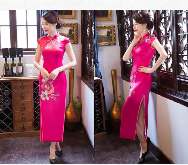 

ethnic clothing women's satin cheongsam qipao short sleeve long dress 2021 summer floral chinese traditional, Red