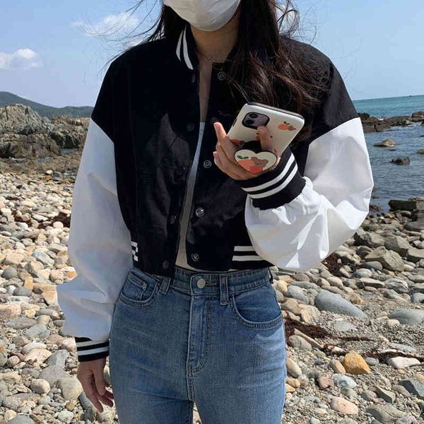 

women's jackets striped crop baseball jacket women casual thin loose short bomber autumn retro streetwear female coat outerwear fcpv, Black;brown