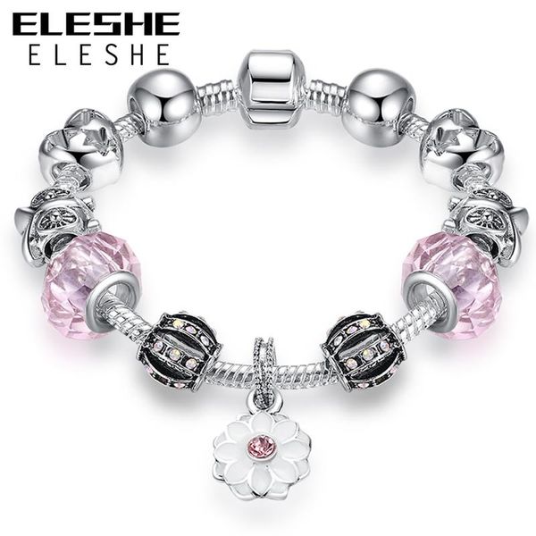 

charm bracelets eleshe 2 style silver color bracelet with green pink glass clover flower bead snake chain brand for women jewelry, Golden;silver