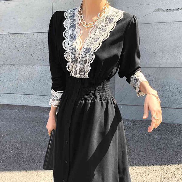 

spring female loose casual v-neck single breasted patchwork lace long sleeve black empire waist pleated dress 16w365 210510, Black;gray