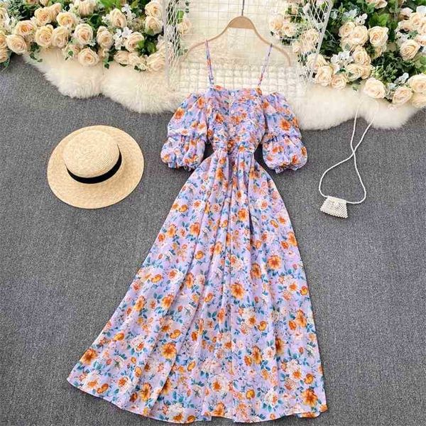 

women vintage bohemia floral dresses woman puff sleeve slim a line beach summer sweet high waist party long robe 210525, Black;gray