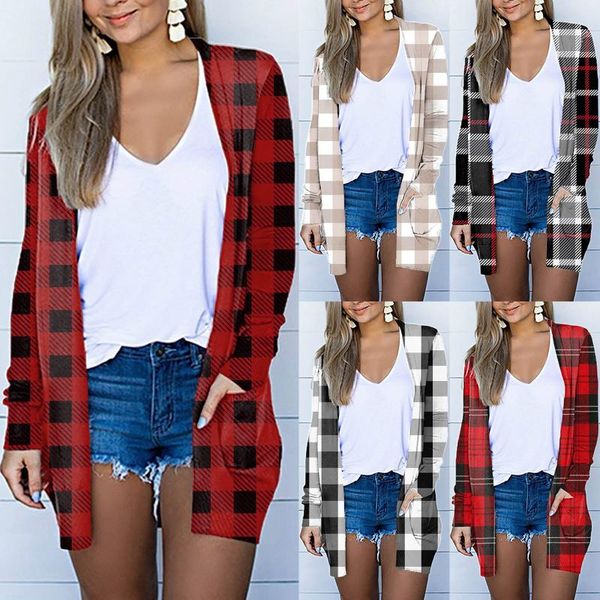 

women's knits & tees elegant slim jackets womens ladies autumn plaid print v-neck cardigan long sleeve coat pockets outerwear office la, White