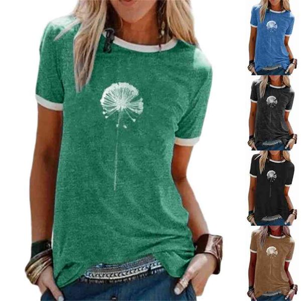 

initialdream dandelion pattern print women t-shirt o-neck short sleeve cotton harajuku casual loose girls tshirt 210708, White