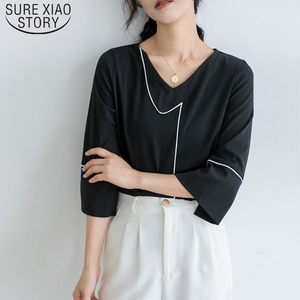 

summer chiffon blouse white black for women three quarter loose stitching casual and 5251 50 210510