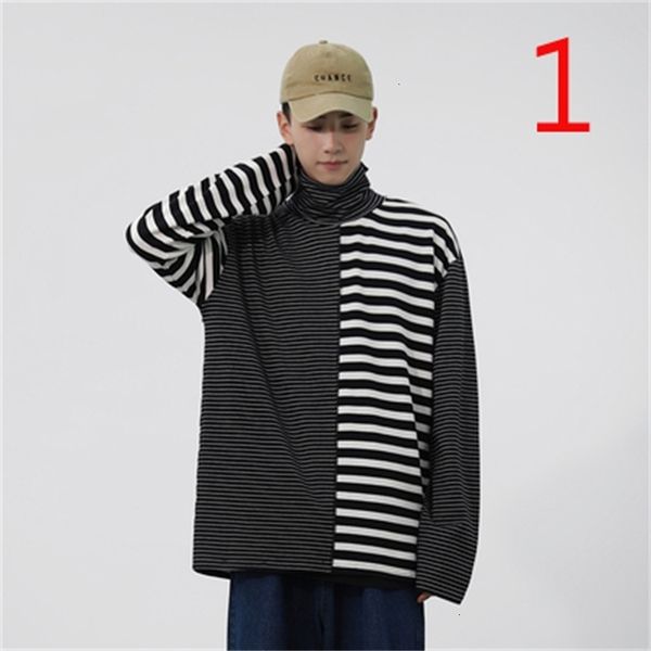 

men's t-shirts autumn personality stripe stitching long-sleeved t-shirt loose trend bottoming shirt men bhcb, White;black