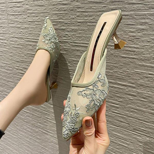 

slippers net yarn small fresh high heels women summer 2021 temperament pointed stiletto sandals outside wear, Black