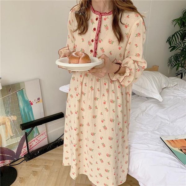 

women's sleepwear autumn pijamas dress women ruffles flare sleeve cotton home clothes ladies nightgowns flowers print nightdress y092, Black;red