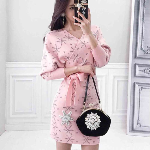 

autumn and winter korean temperament sweater knitted dress snowflake diamond-studded thick warm vestidos 210520, Black;gray