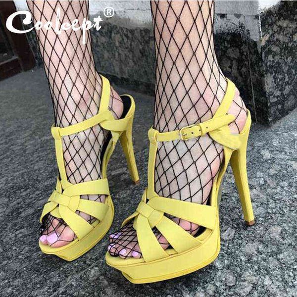 

sandals coolcept genuine leather high heel women heels 10cm and 14cm footwear fashion woman shoes r4425 33-40 220121, Black