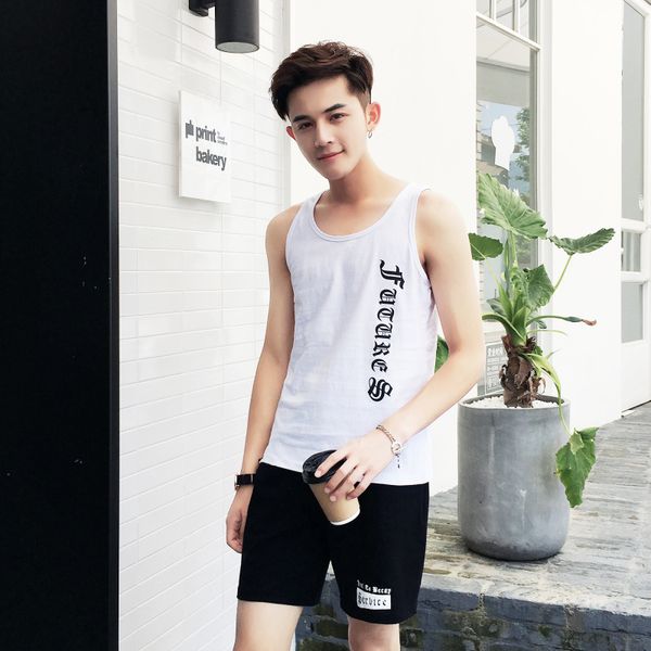 

print ch cotton new crosin men's summer breathable vest shorts suit, White;black