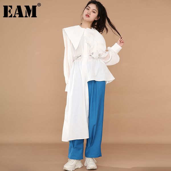 

[eam] women green pleated irregular big size long blouse lapel long sleeve loose shirt fashion spring autumn 1da21800 21512, White
