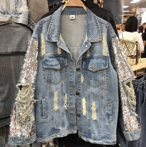 

women's jackets streetwear woman coat denim european style sequin jacket female spring autumn jeans clothes bling, Black;brown