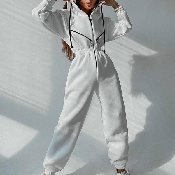 

women's two piece pants drop korean autumn and winter solid color wild loose zipper hooded sweater waist jumpsuit casual trousers sport, White