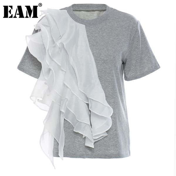 

[eam] women gray white irregular ruffles voile t-shirt round neck short sleeve fashion spring summer 1dd6625 210512
